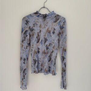 Gray and Brown Ruffled Sheer Fitted Blouse